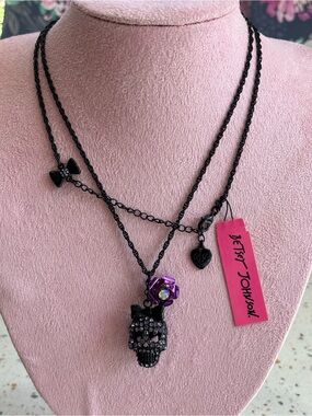Betsey Johnson Black Long Skull Necklace with Purple Flower Charm